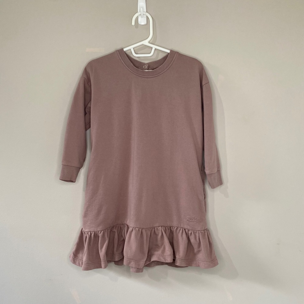 Pehr Kids Mauve Organic Cotton Ruffle Sweatshirt Dress Size 2T Snap Back Pockets